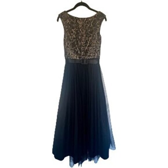 Aidan Mattox Black & Gold Embroidered Bodice Gown With Tulle Skirt Dress Size 6 - Picture 1 of 12